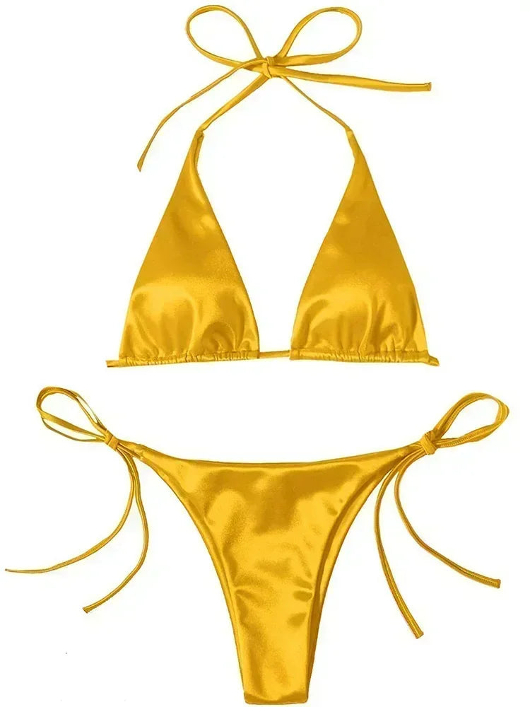 Metallic Satin Bikini Damen – Wrap Around Halter Zweiteiler